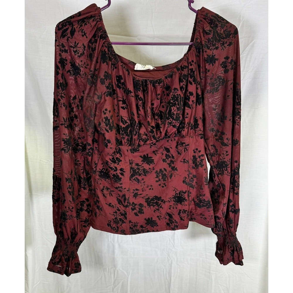 Ember Red‎ W Black Flowers Smocked Round Neck Long Sleeve Peplum Blouse Large